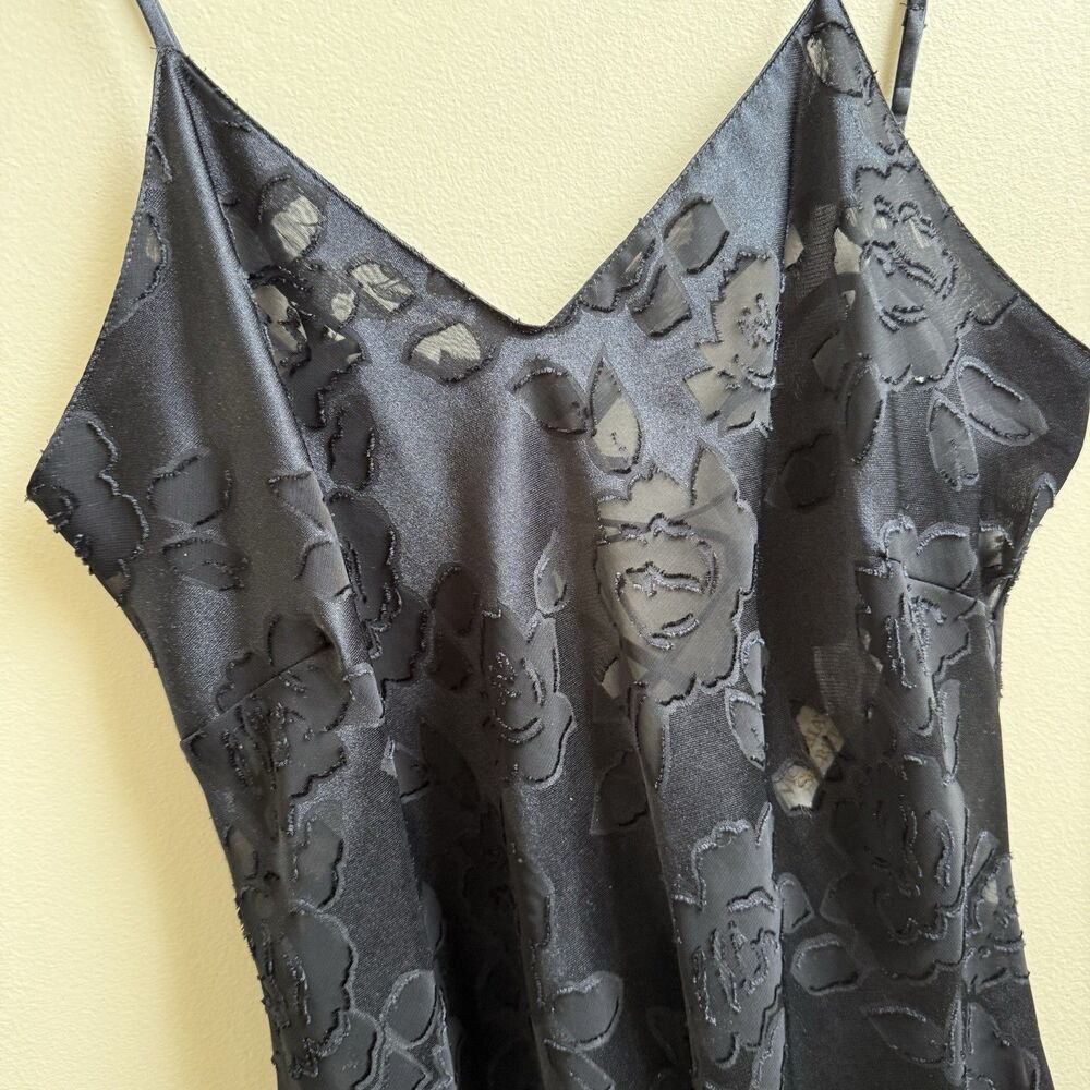 VTG Victoria Secret Gold Label Lace Back Tie Nightie Chemise Slip Black Medium